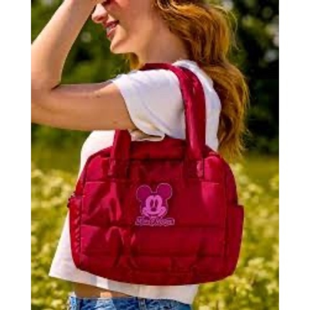 Disney Parks Mickey Mouse Tote Bag Womens Puffer Quilted Burgundy Red Resort NEW